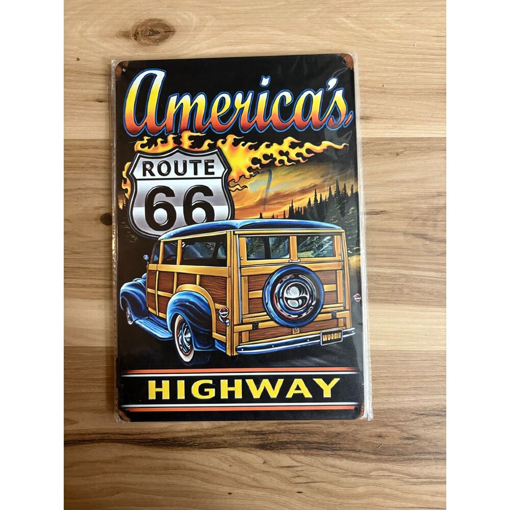 Vintage Style America's Highway Route 66 Woody Wagon Metal Sign